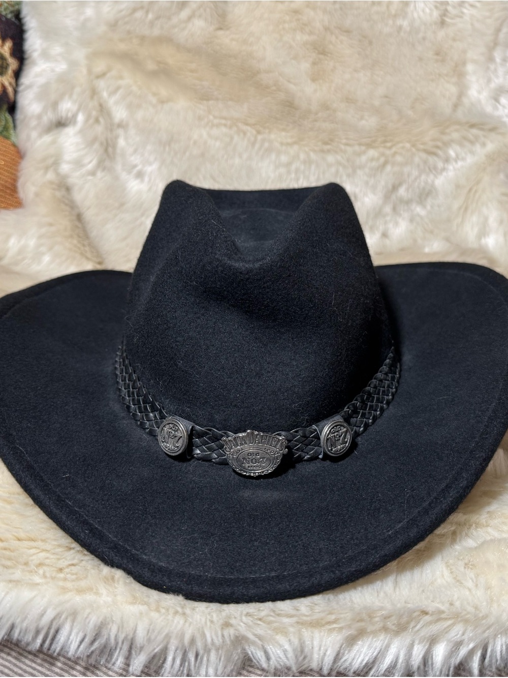 Jack Daniels Black Wool Felt Cowboy/Cowgirl Hat with Braided Band and Conchos